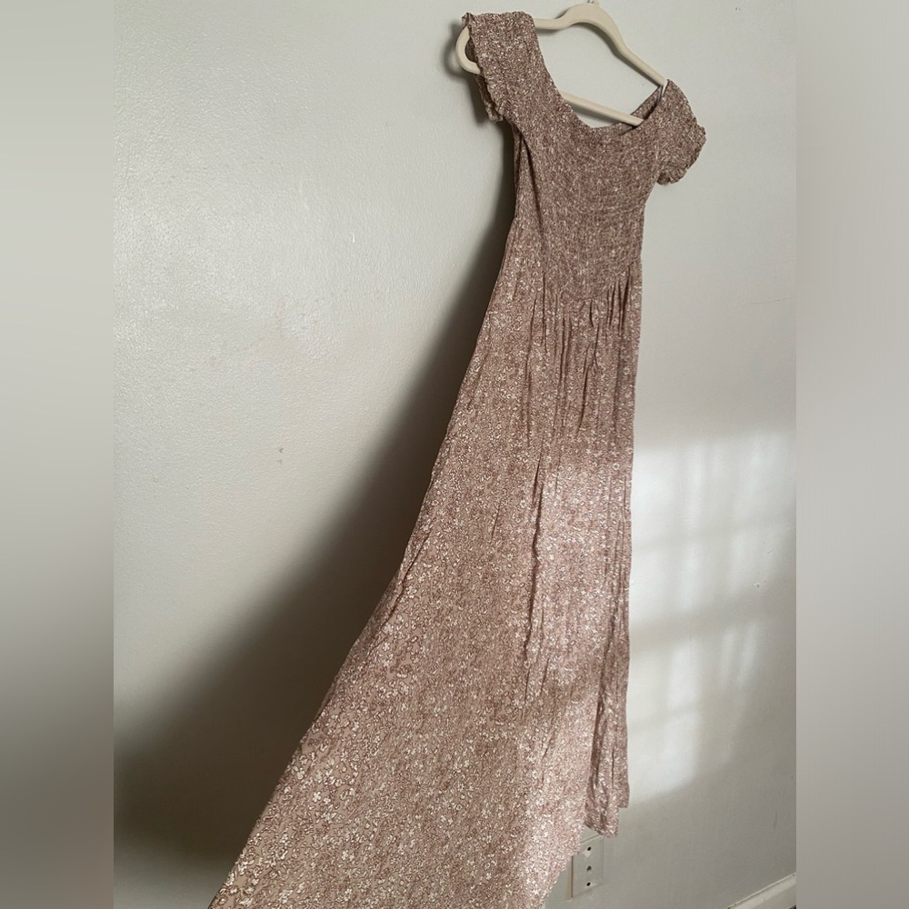 Cottagecore Smocked Mousy Brown ditsy floral Maxi Dress w front leg slits Size M